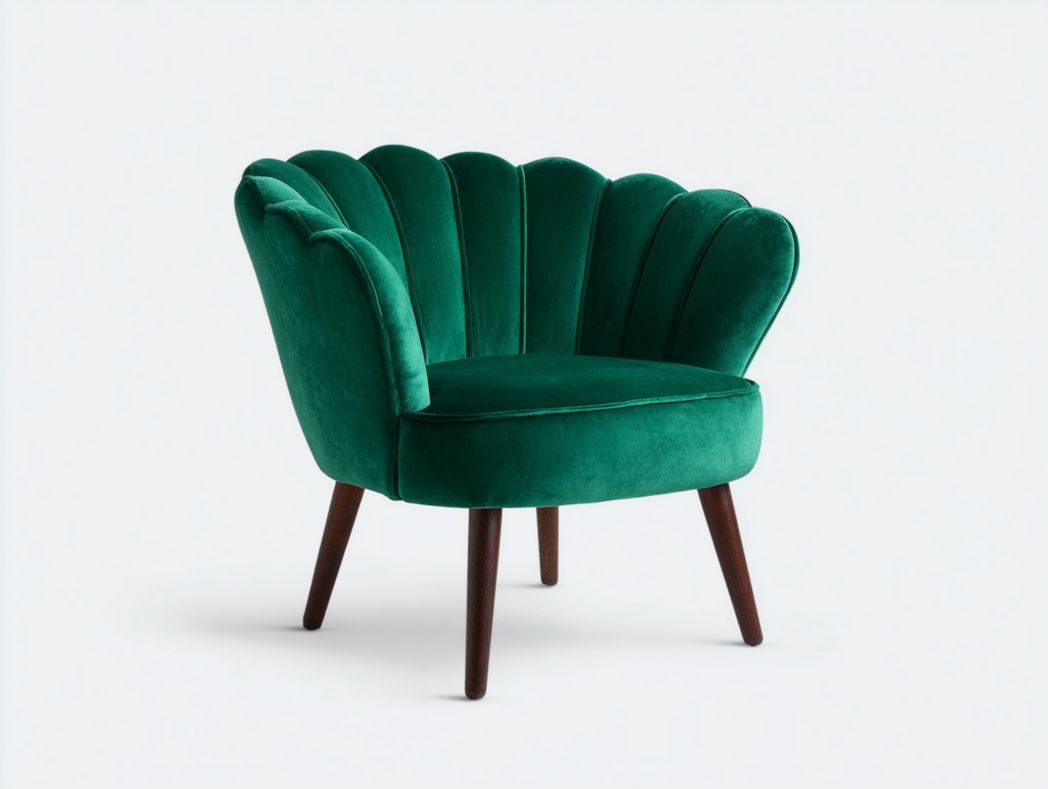 Fauteuil en velours vert foncé en forme de coquille avec pieds en bois brun foncé