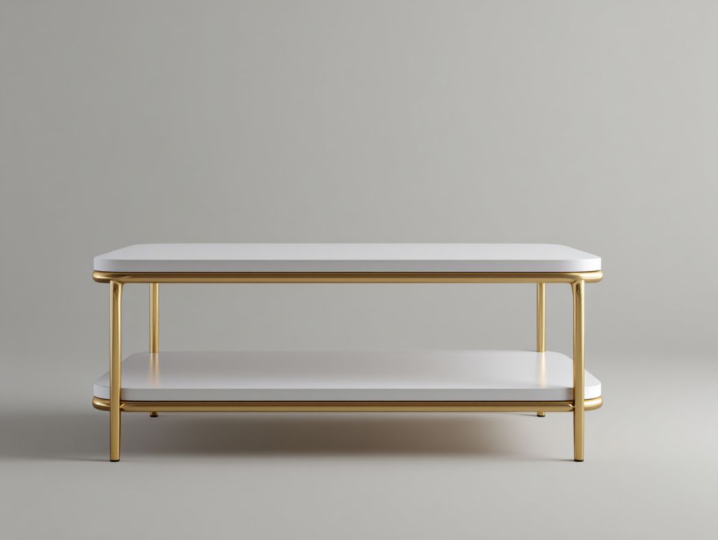 Table basse rectangulaire blanche et dorée avec étagère inférieure