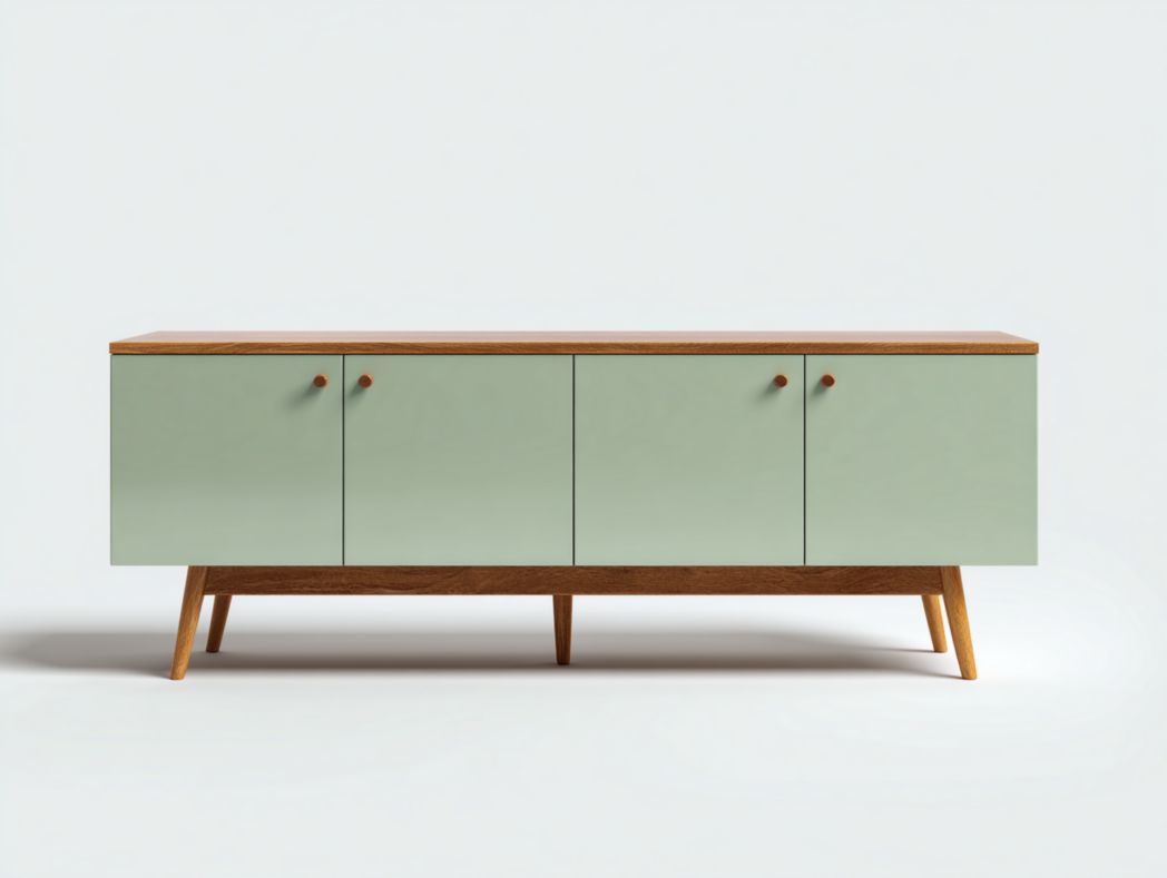 Meuble TV à quatre portes vert clair avec plateau et base en bois brun