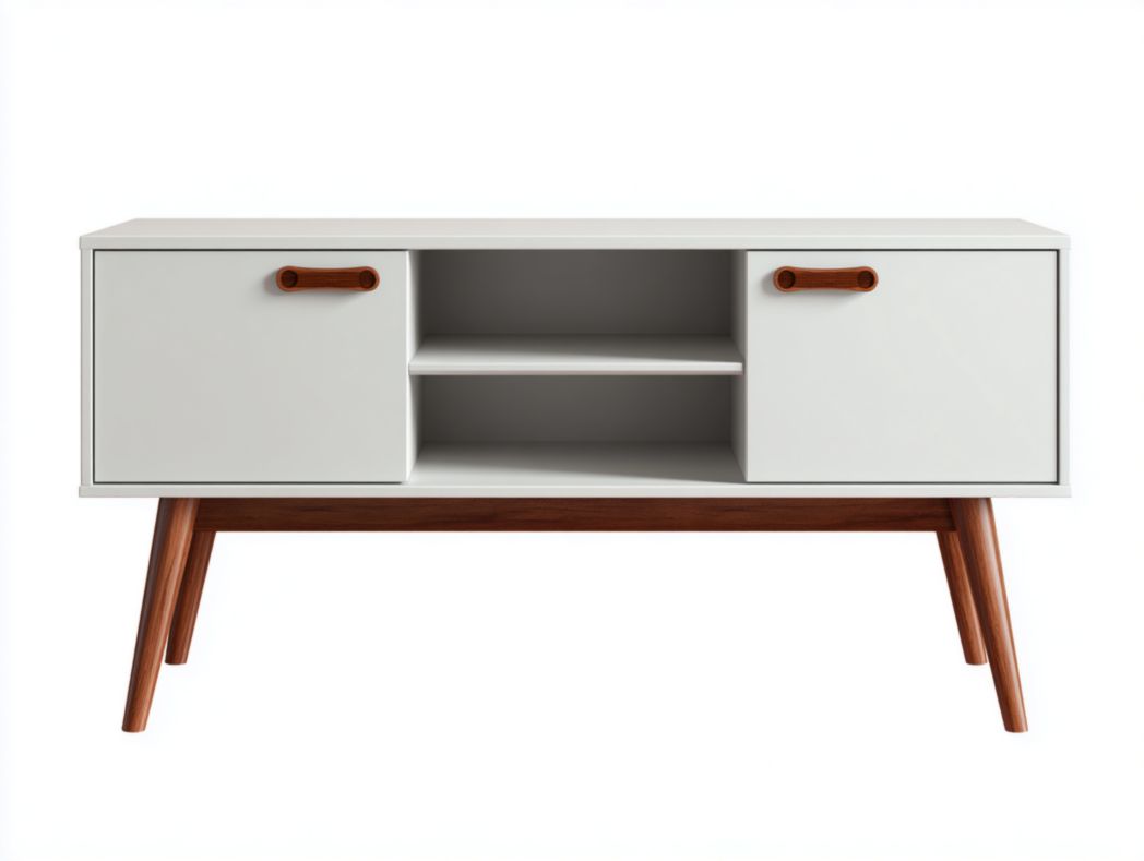 Meuble TV gris clair à deux portes avec compartiment ouvert et pieds marron