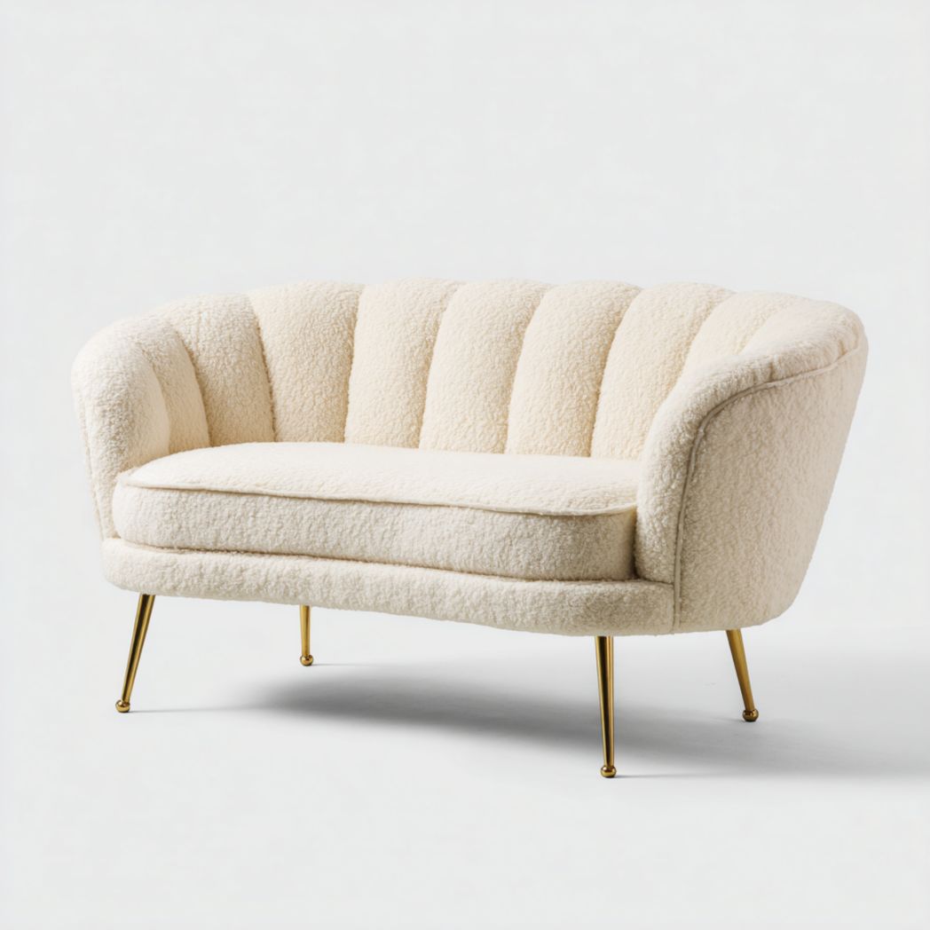 Canapé 2 places beige clair en tissu bouclette dossier à rayures verticales pieds en métal doré