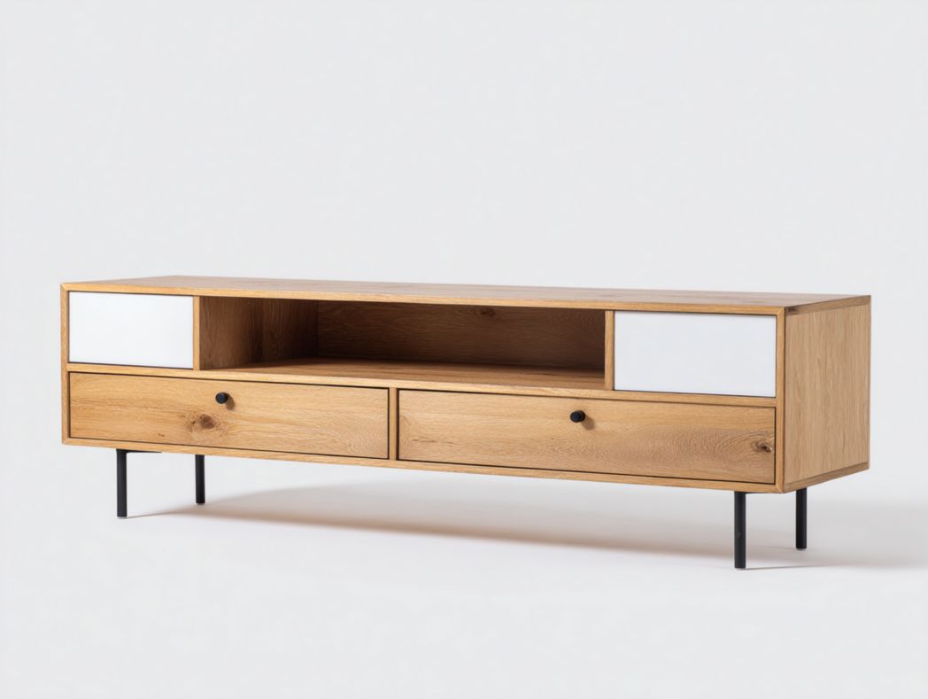 Meuble TV en bois brun clair avec façades blanches et pieds en métal noir