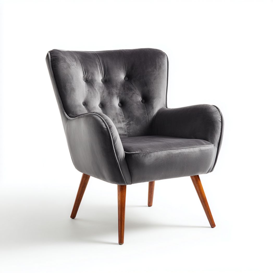 Fauteuil en velours gris foncé avec dossier à boutons et pieds en bois brun
