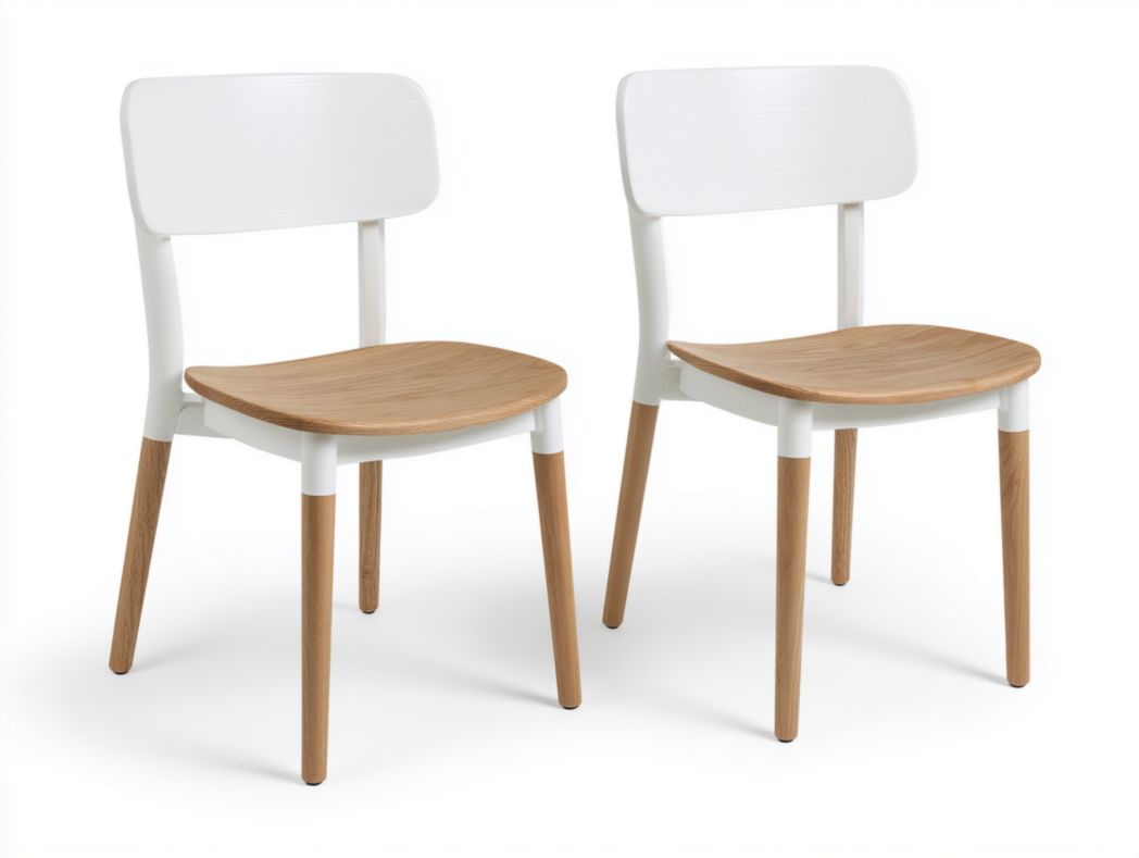Lot de 2 chaises en bois et plastique à dossier blanc, assise et pieds marron clair
