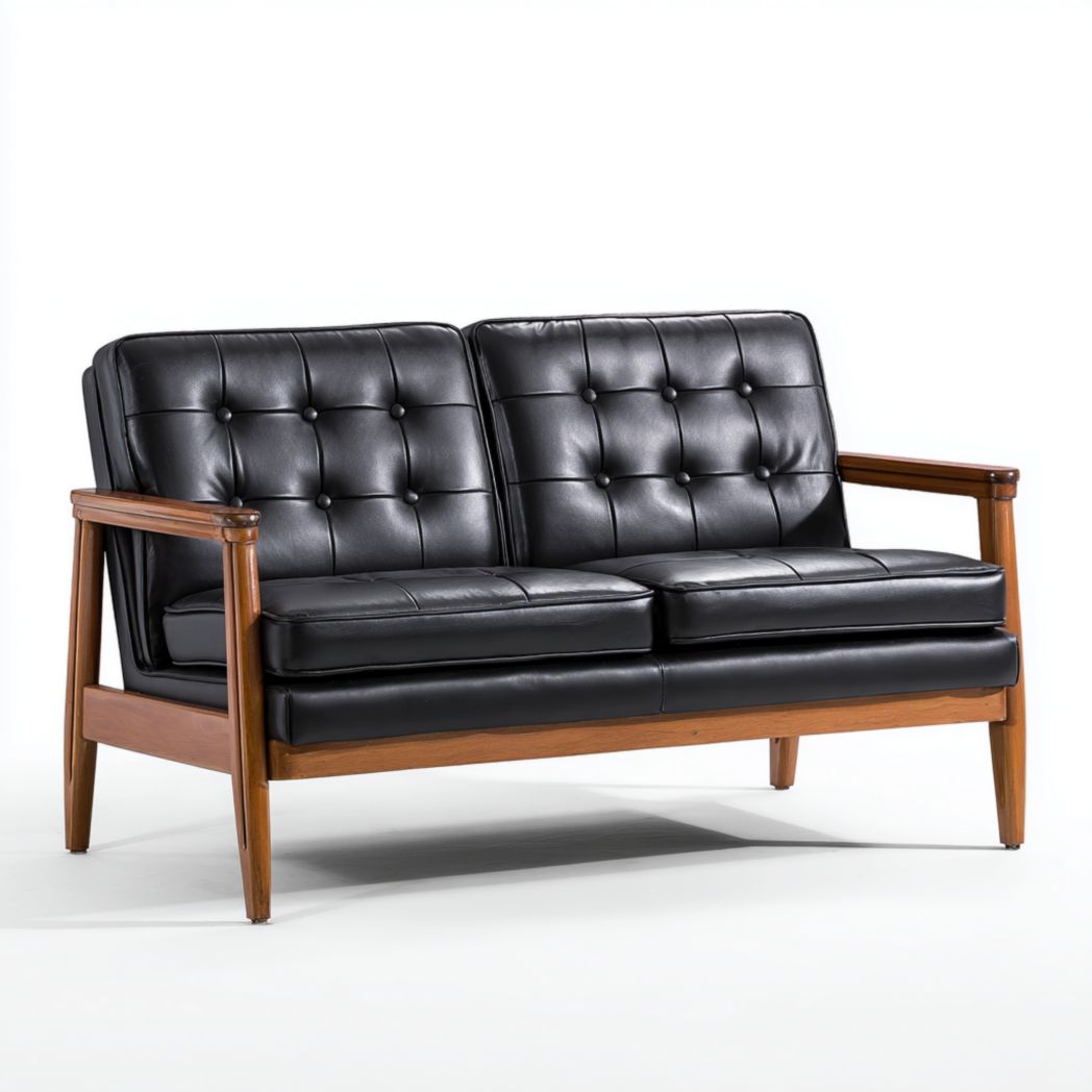 Canapé 2 places en cuir synthétique noir à dossier capitonné avec structure en bois massif