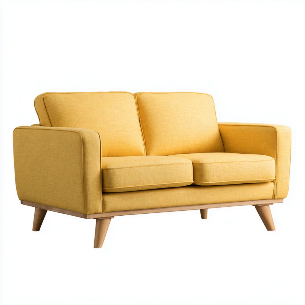 Ce canapé jaune deux places est fabriqué en tissu mélangé polyester et présente un dossier droit et des pieds en bois brun clair.