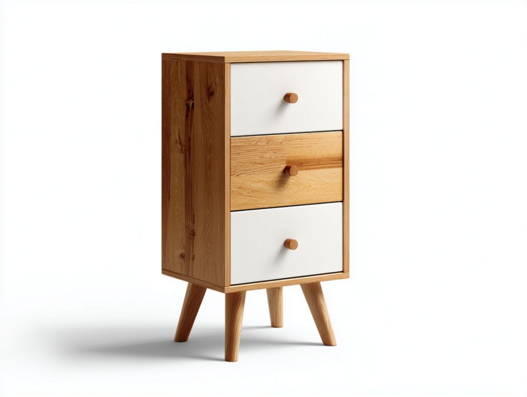 Meuble à chaussures blanc et brun clair à trois tiroirs avec pieds en bois brun clair