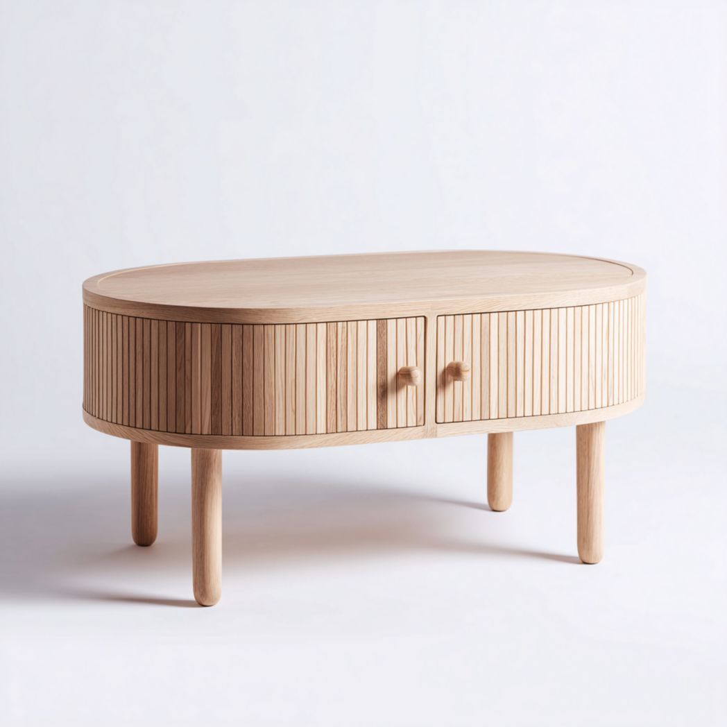 Table basse ovale en chêne couleur brun clair avec portes à lattes verticales