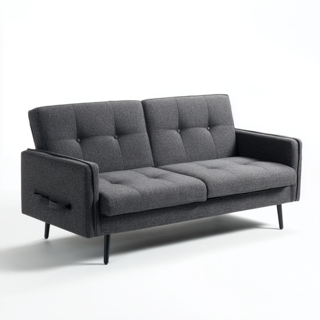 Canapé 2 places gris foncé en tissu polyester mélangé dossier à boutons pieds en métal noir