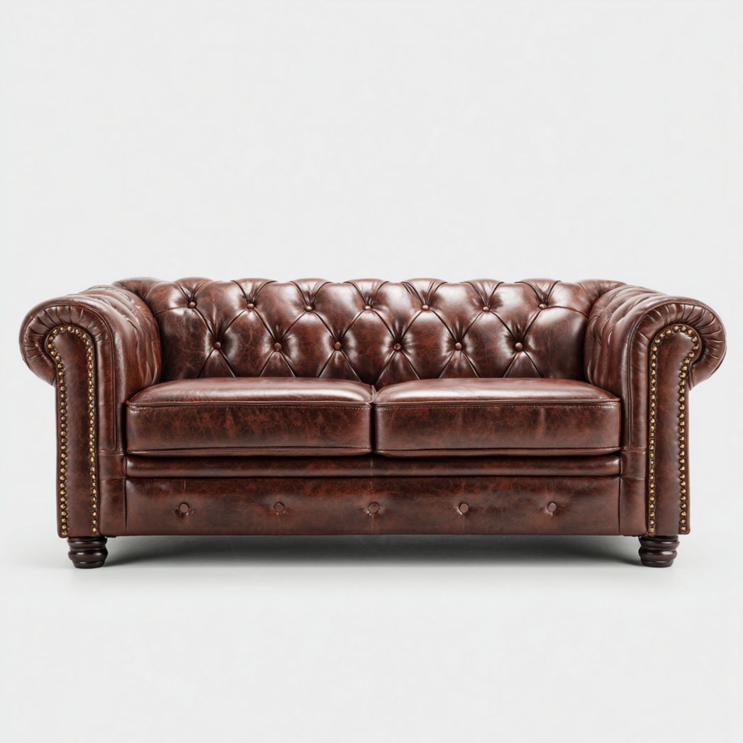 Canapé 2 places en cuir synthétique brun foncé à dossier capitonné avec pieds brun foncé