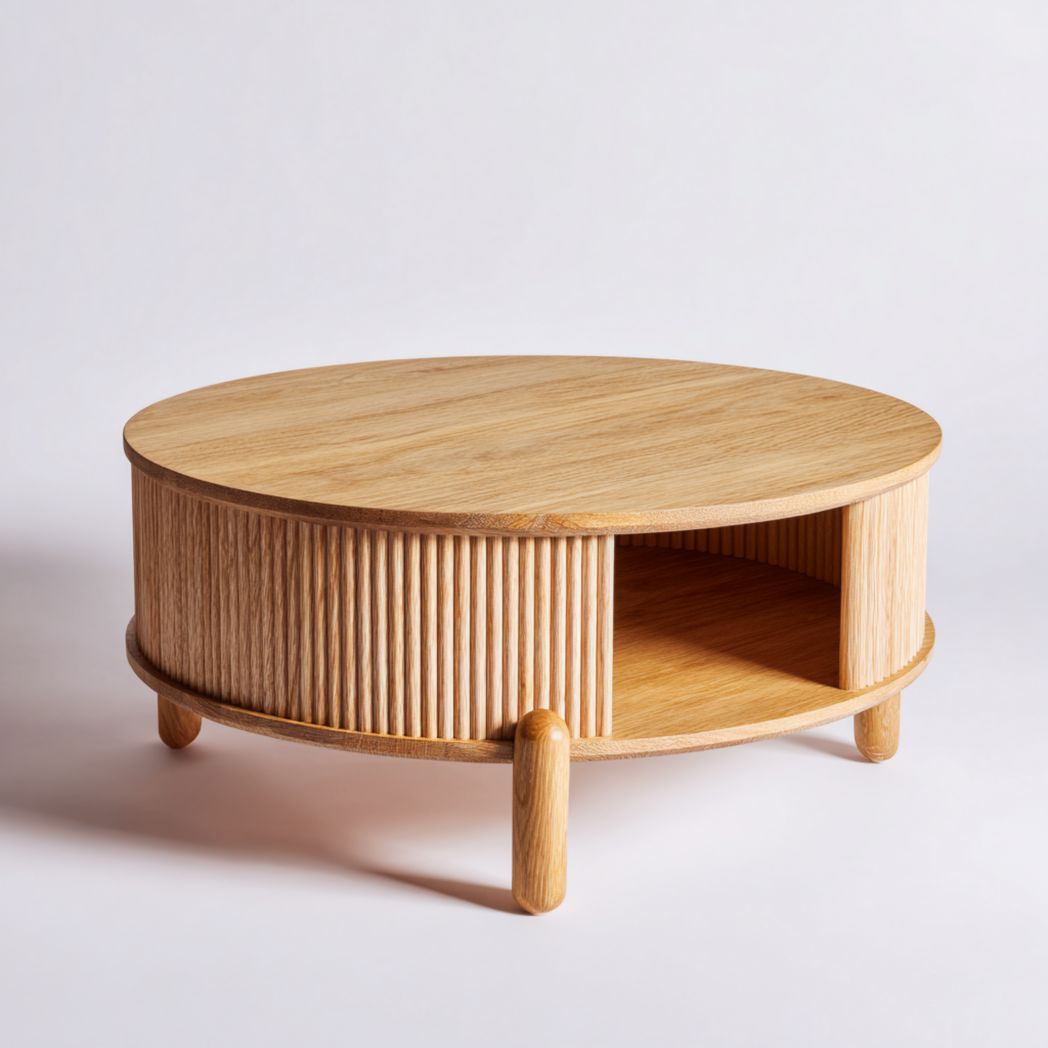Table basse ronde en bois brun clair avec compartiment de rangement