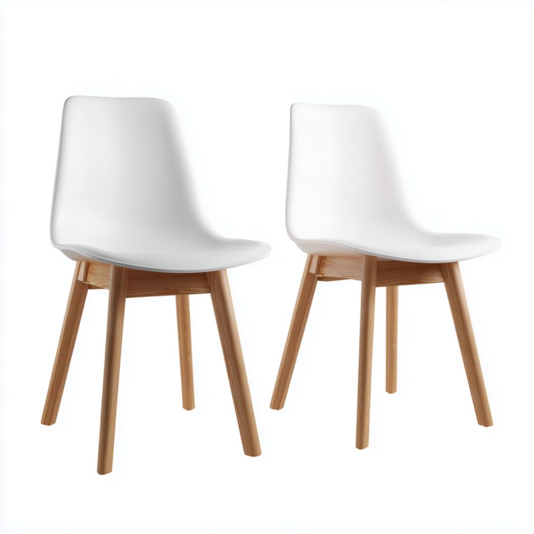 Lot de 2 chaises blanches à dossier plastique et pieds en brun clair