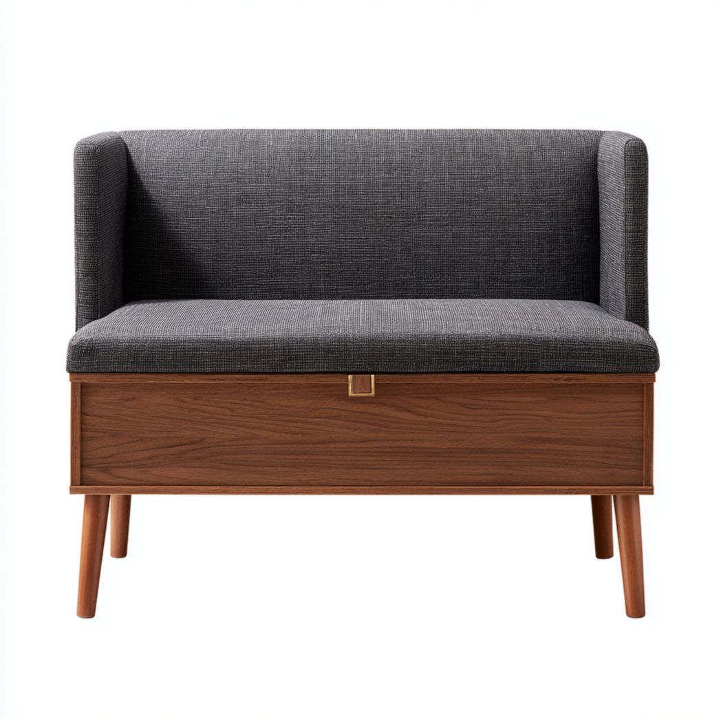 Banquette en tissu polyester gris avec coffre de rangement en bois brun