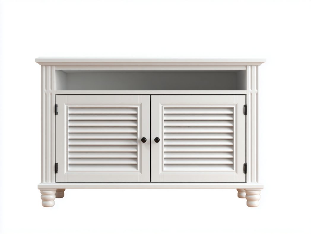 Meuble TV en bois blanc avec portes persiennes, compartiment ouvert et poignées en métal noir