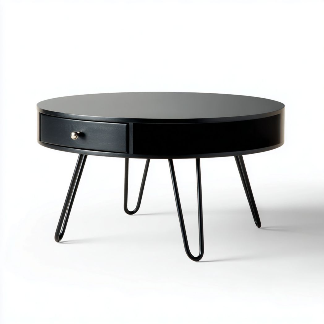 Table basse ronde en bois noir avec tiroir et pieds métalliques noirs