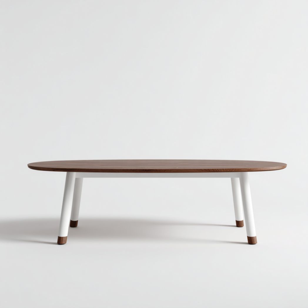 Table basse ovale plateau brun foncé avec pieds blancs et extrémités brunes