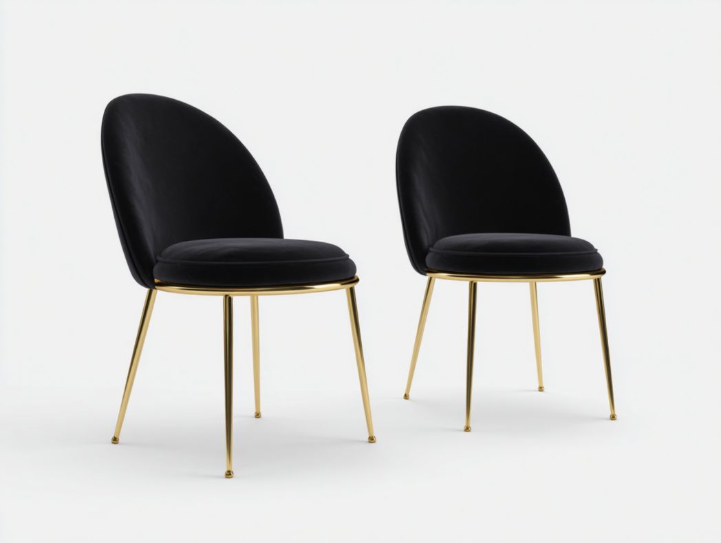 Lot de 2 chaises de salle à manger en velours noir avec pieds ronds en métal doré