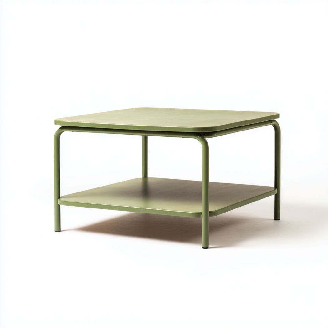 Table basse carrée en métal vert clair avec étagère inférieure