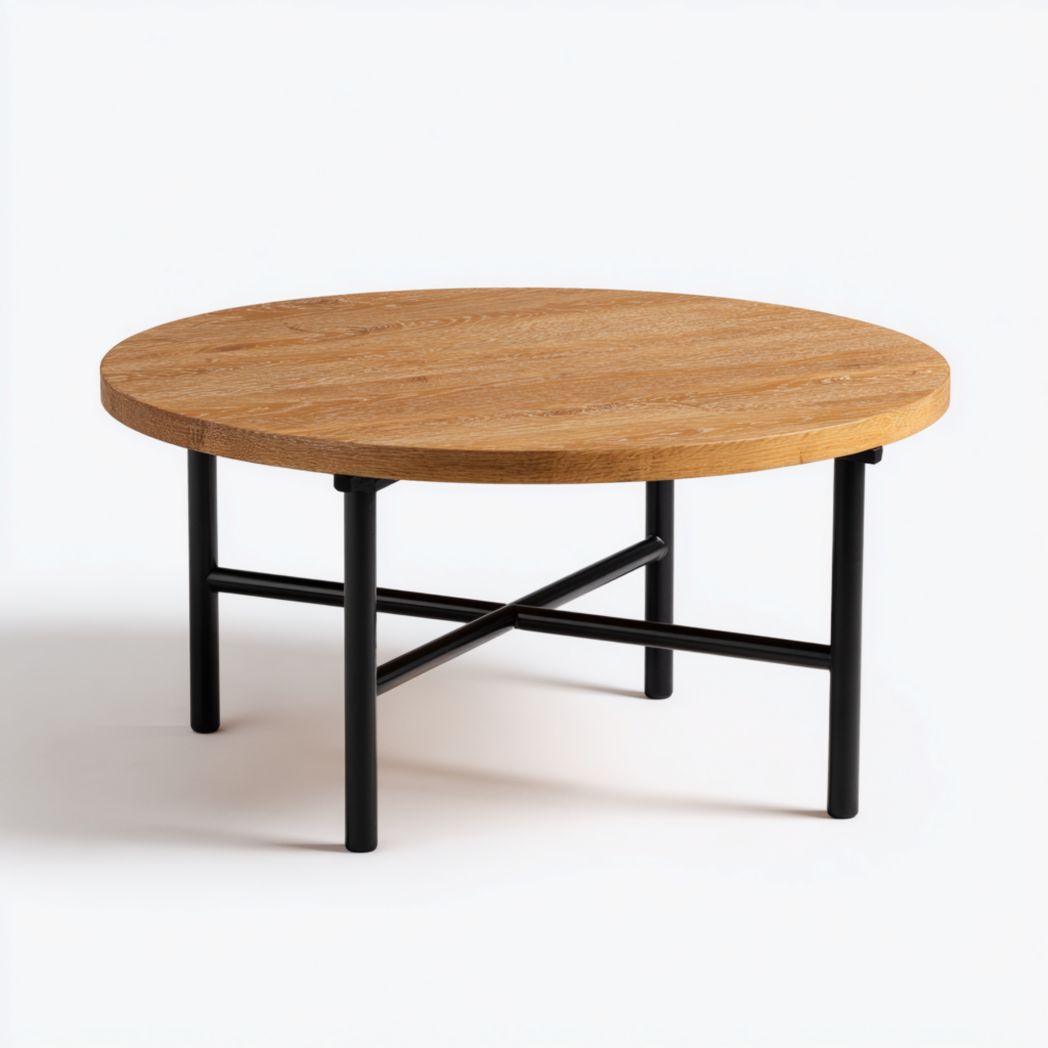 Table basse ronde avec plateau en bois brun et base en métal noir