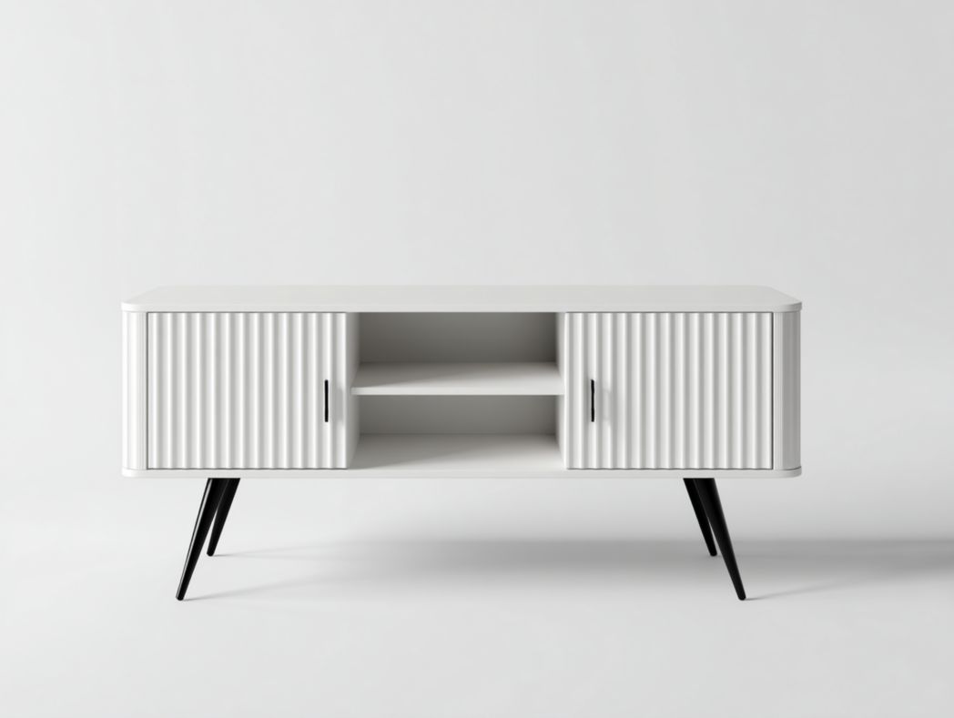 Meuble TV blanc avec pieds et poignées en métal noir, portes à relief vertical