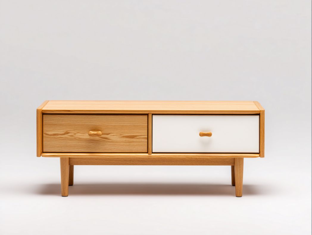 Meuble TV en bois brun clair avec tiroir blanc et poignées en bois