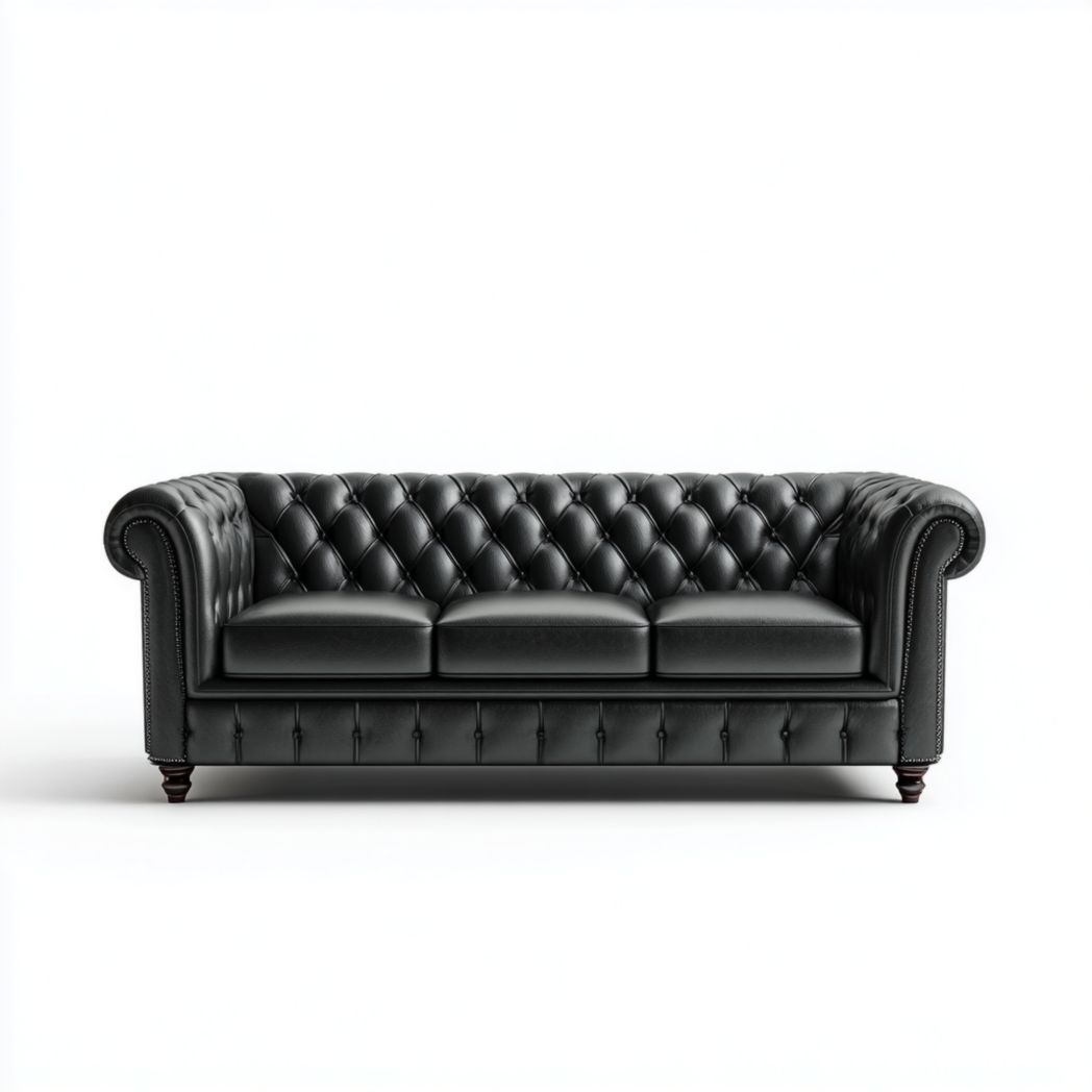 Canapé 3 places en cuir synthétique noir avec dossier capitonné et pieds en bois brun foncé