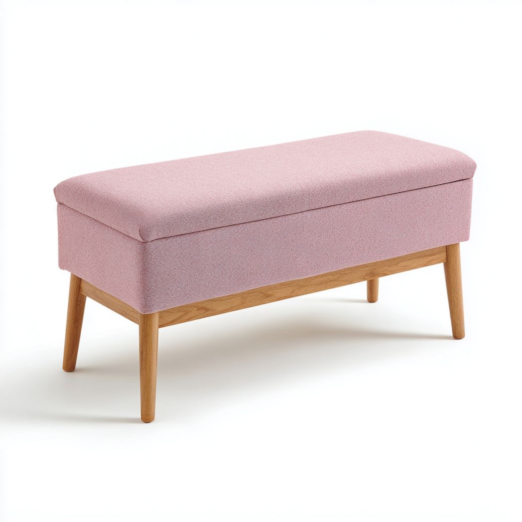 Banquette de rangement en tissu rose avec pieds brun cla