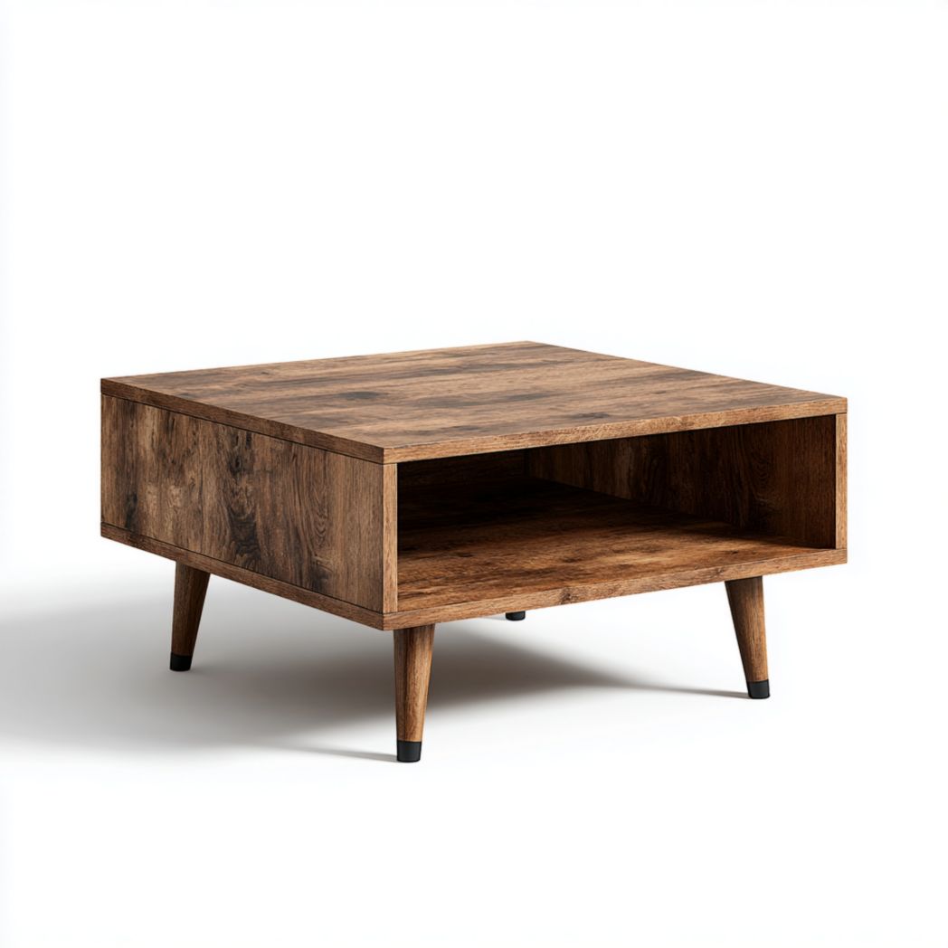 Table basse carrée en panneau MDF couleur brun foncé avec étagère ouverte