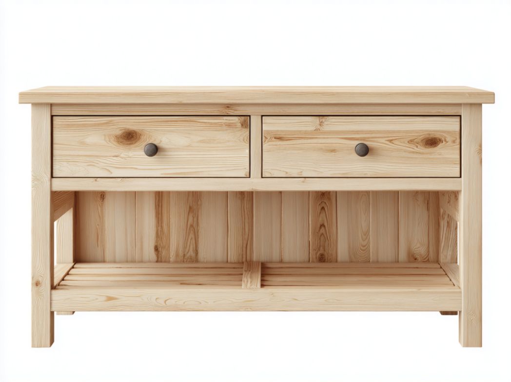 Meuble de rangement brun clair à deux tiroirs avec étagère ouverte