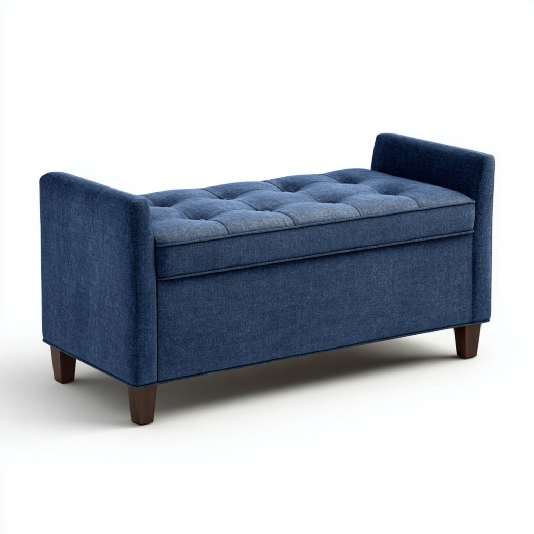 Banquette de rangement capitonnée en tissu polyester bleu foncé avec pieds en bois