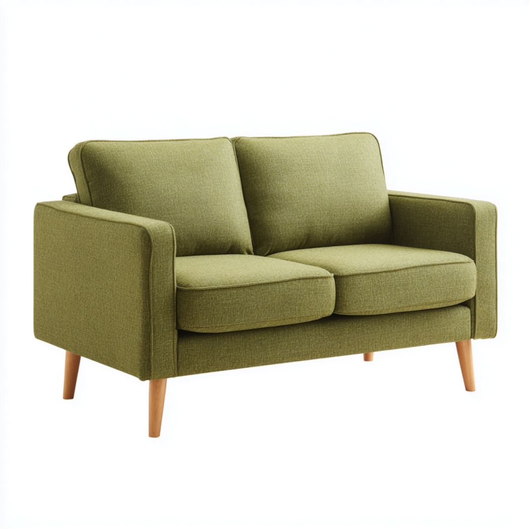 Canapé 2 places vert en tissu polyester mélangé dossier droit pieds en bois brun clair