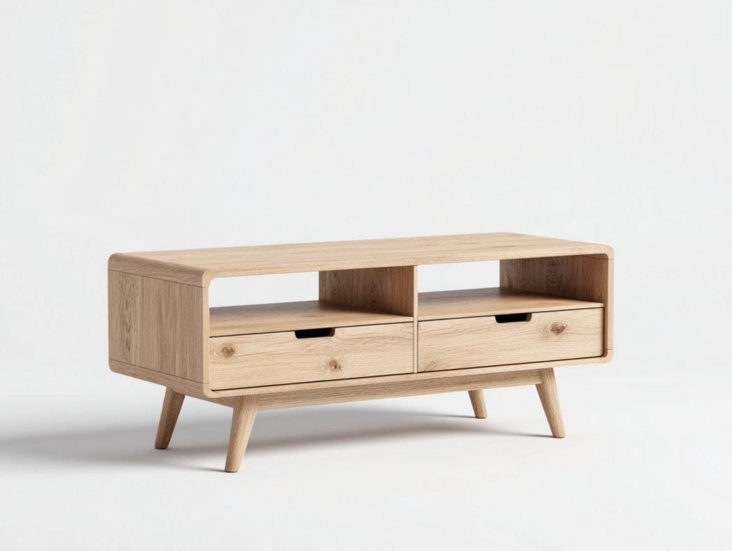 Meuble TV en bois brun clair avec deux tiroirs et deux étagères ouvertes.