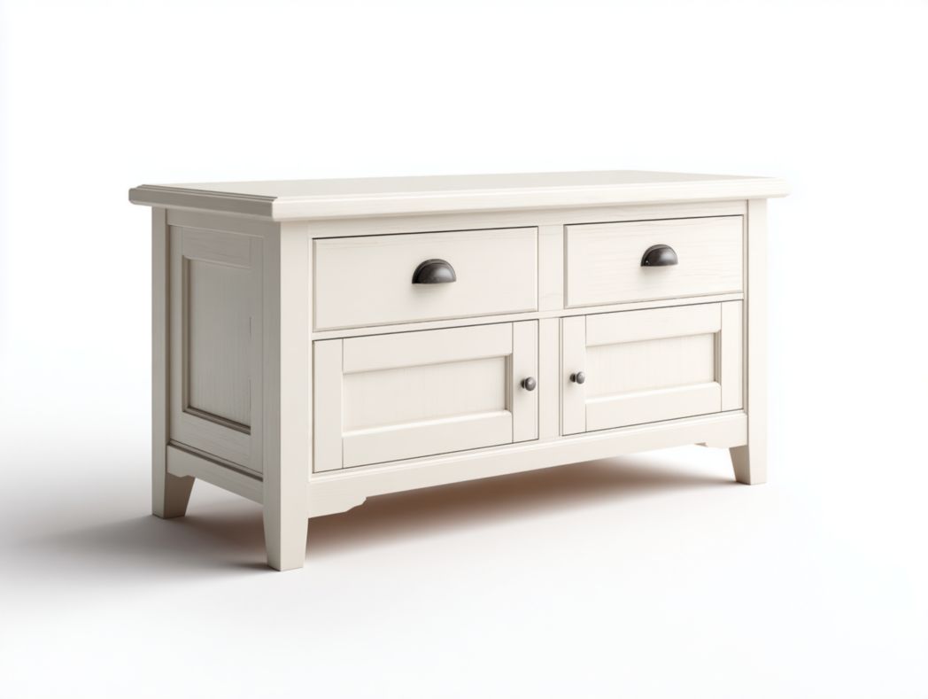 Meuble TV en bois blanc cassé avec poignées, tiroirs et portes en métal noir.