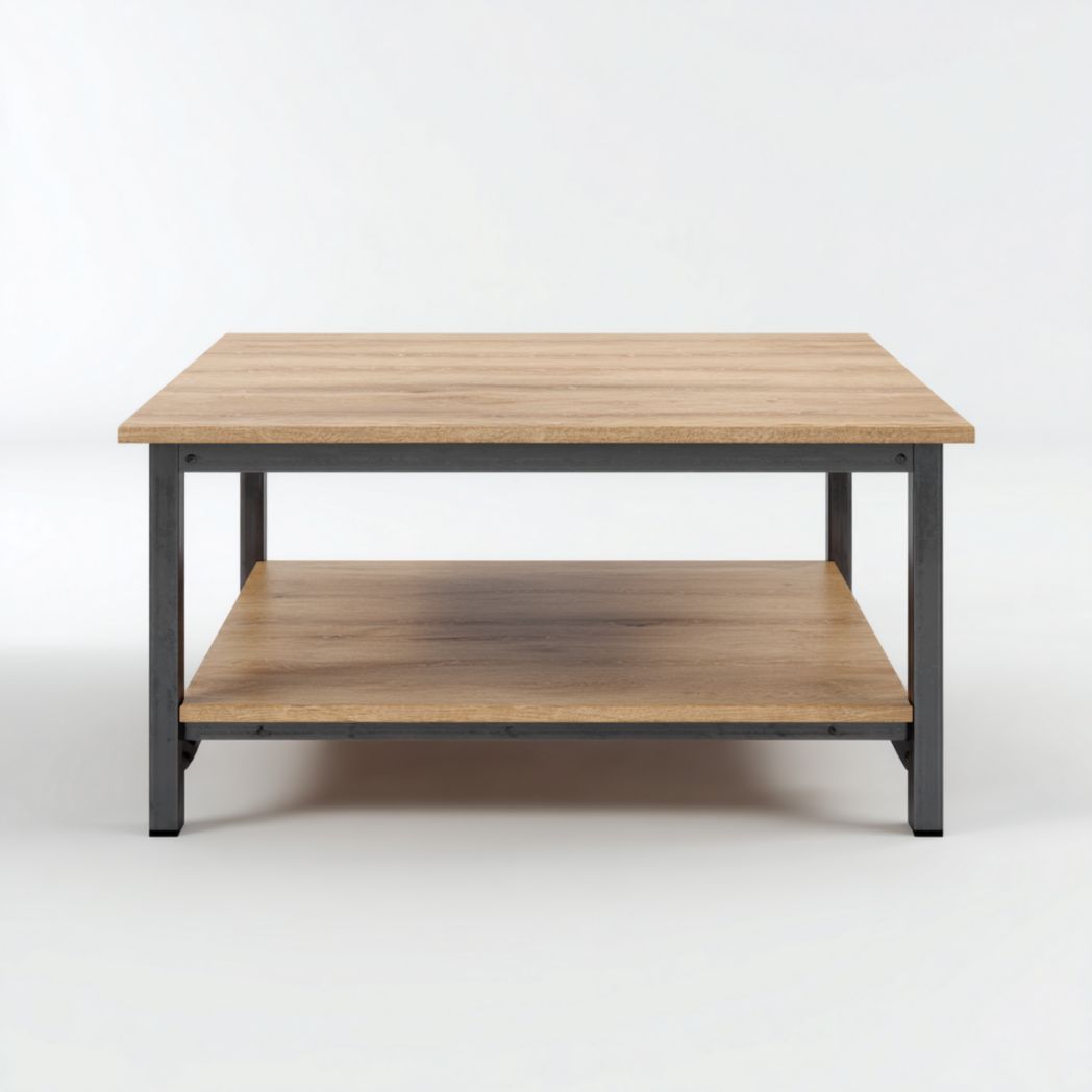 Table basse carrée plateau brun clair et cadre métallique noir à deux niveaux