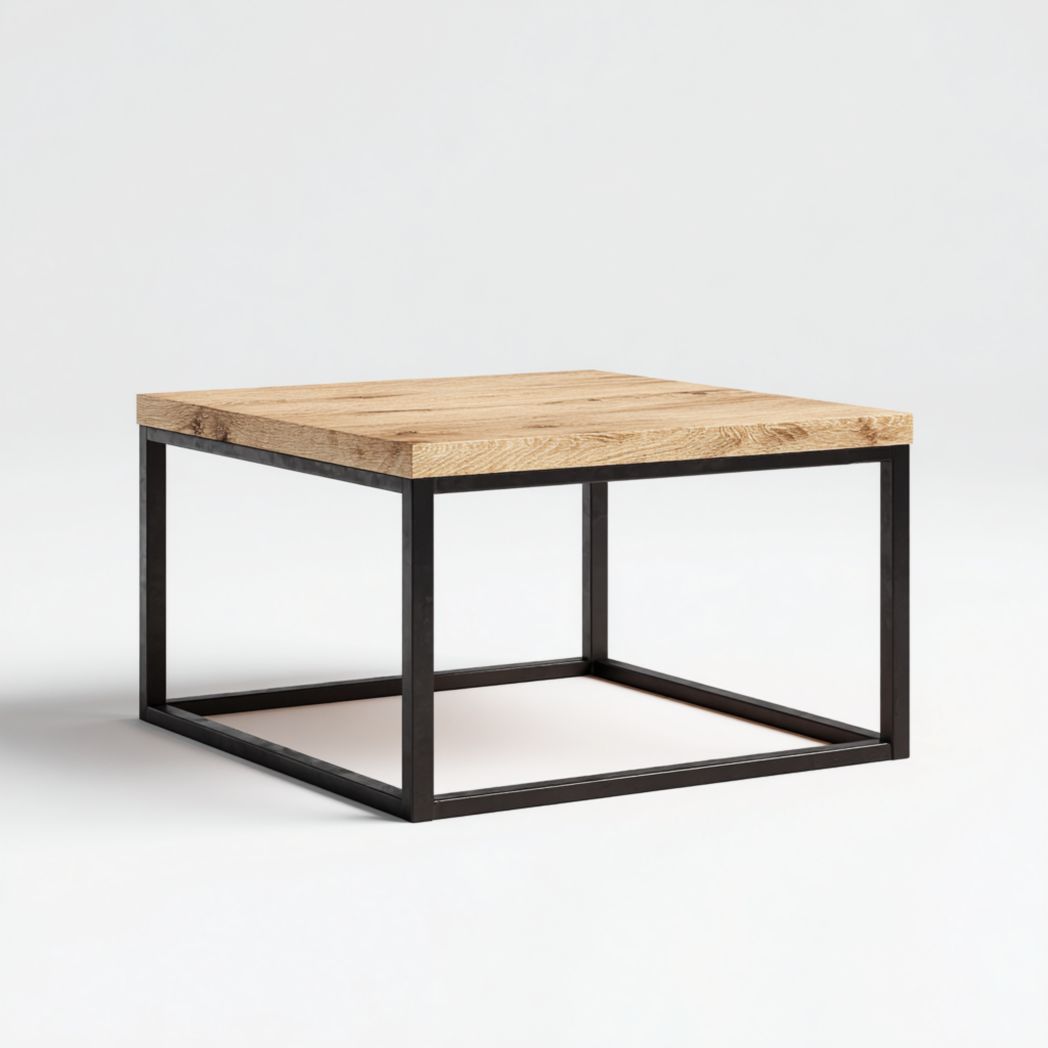 Table basse carrée avec plateau en bois brun clair et cadre en métal noir