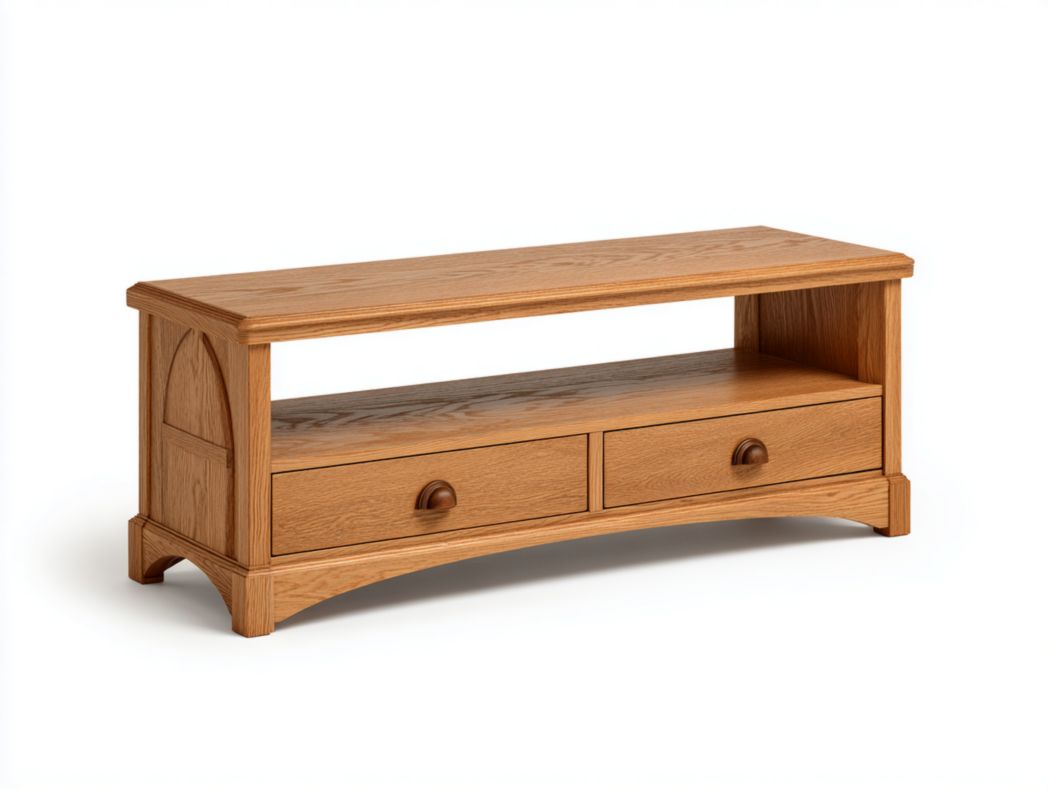 Meuble TV en bois brun avec deux tiroirs et poignées en bois brun foncé