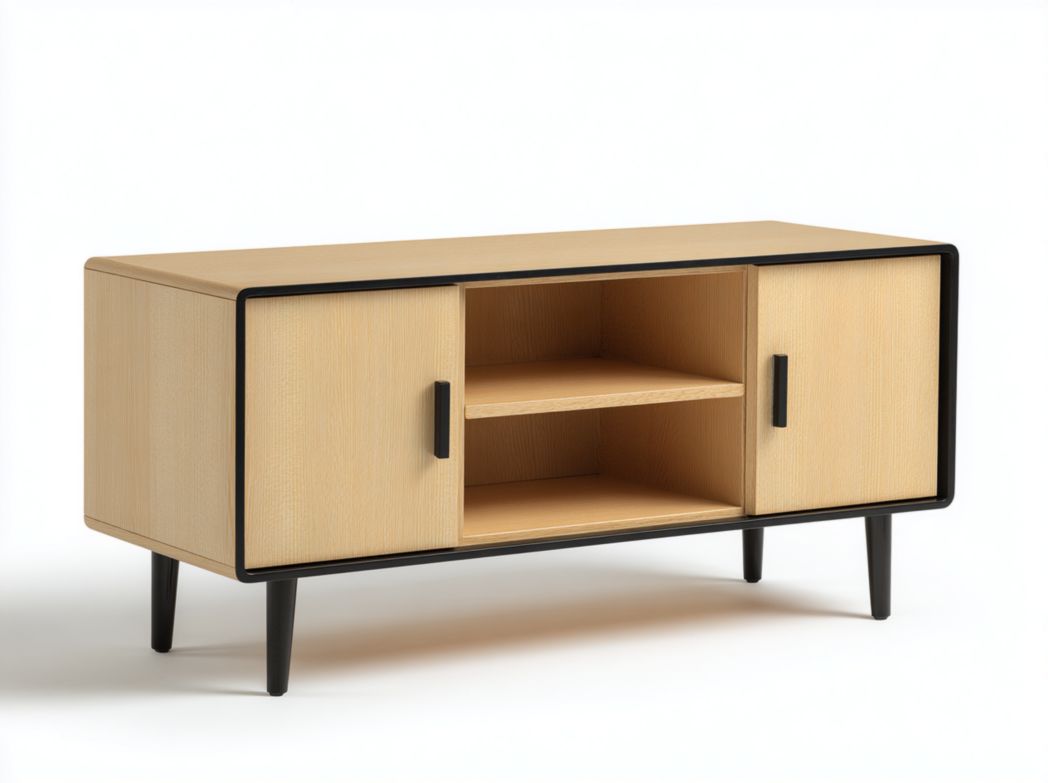 Meuble TV en bois brun clair à deux portes et une niche ouverte, encadrement et pieds noirs