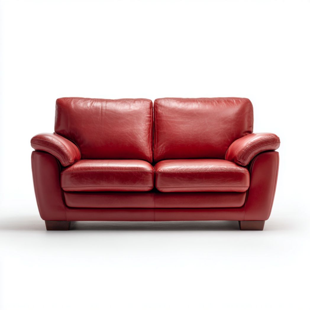 Canapé 2 places en cuir synthétique rouge avec accoudoirs arrondis et pieds en bois brun foncé