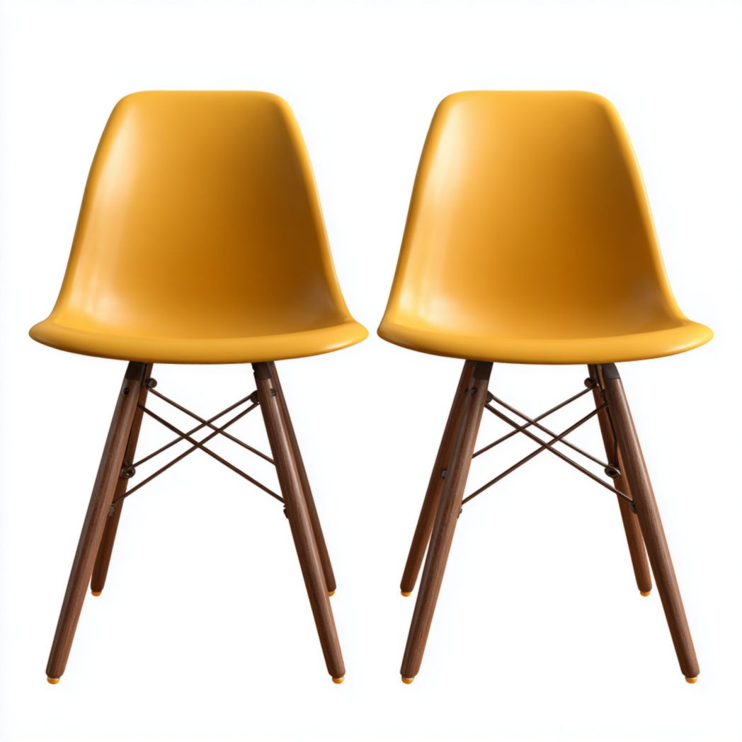 Lot de 2 chaises jaunes à dossier plastique et pieds en bois brun foncé