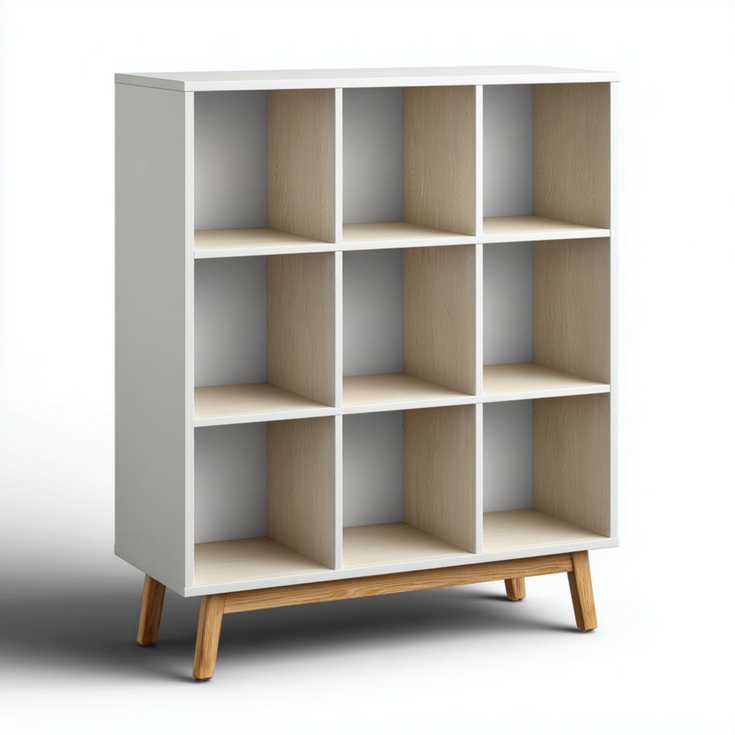 Bibliothèque de rangement à 9 cases blanche avec pieds en bois brun clair