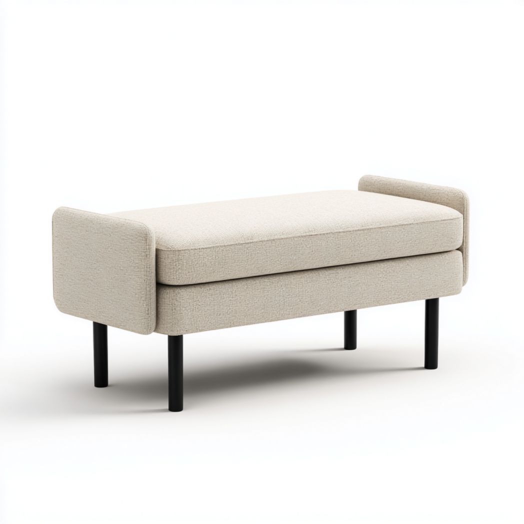 Banquette en tissu bouclé écru avec pieds en métal noir