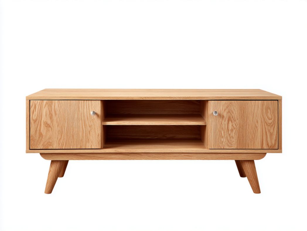 Meuble TV brun clair à deux portes avec niche ouverte et poignées rondes en métal