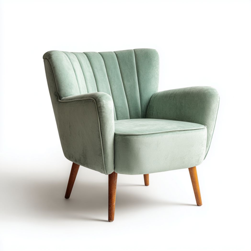 Fauteuil en velours vert menthe avec dossier à coutures verticales et pieds en bois brun