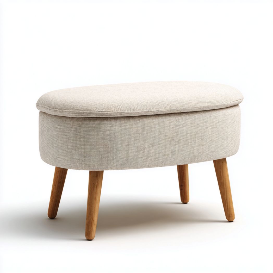 Banquette de rangement en tissu polyester beige clair avec pieds en bois brun clair