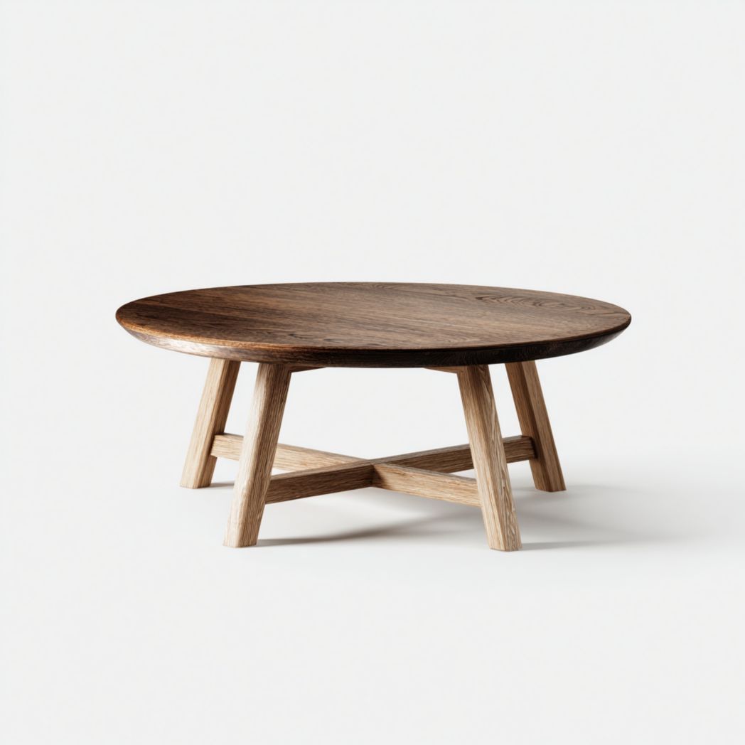 Table basse ronde en bois massif avec plateau brun foncé et pieds brun clair