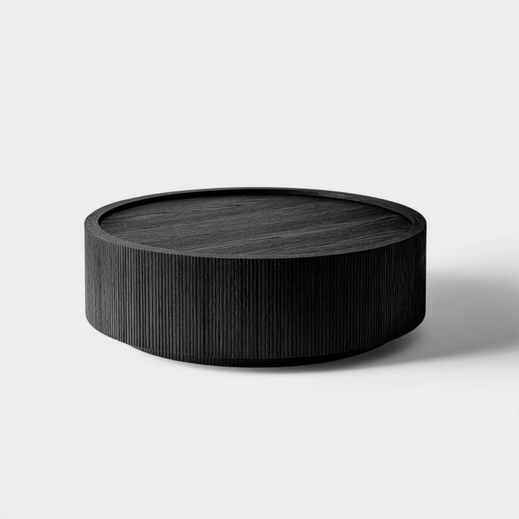 Table basse ronde en bois noir avec base rainurée