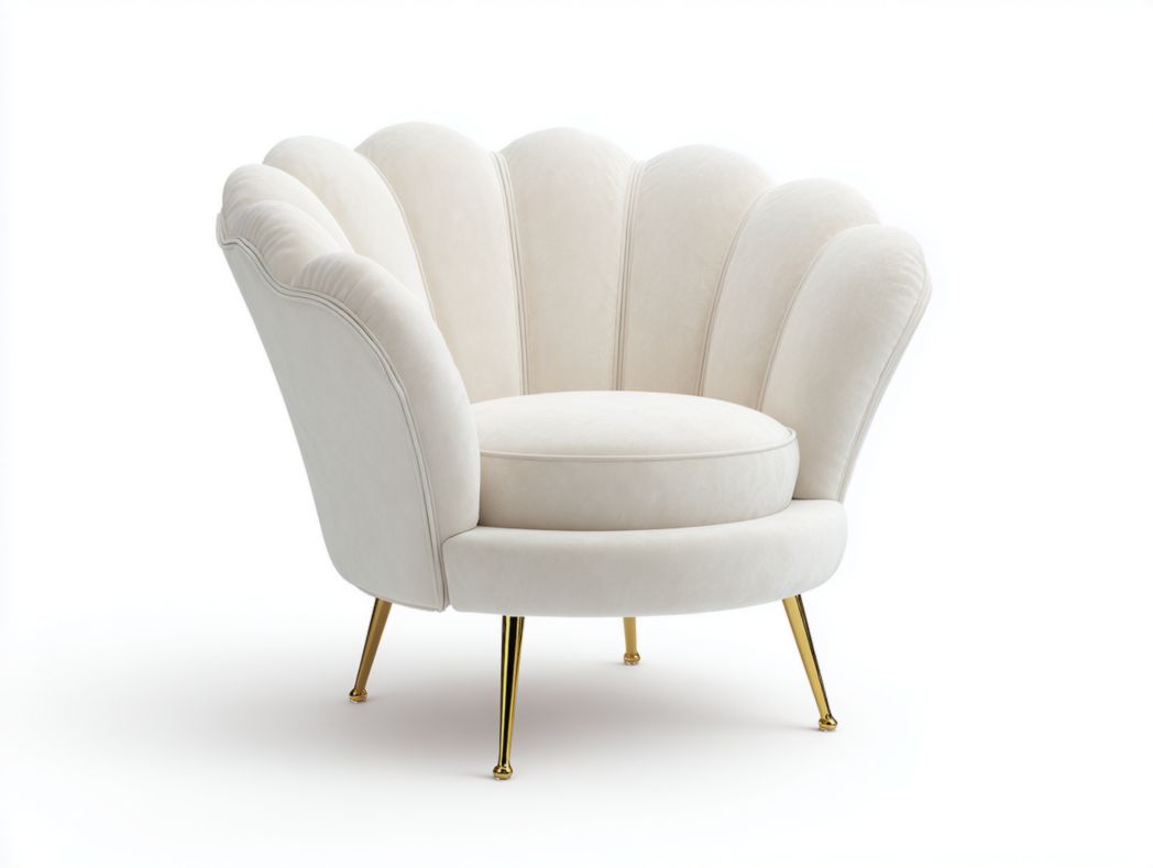 Fauteuil en velours blanc cassé en forme de coquille avec pieds en métal doré