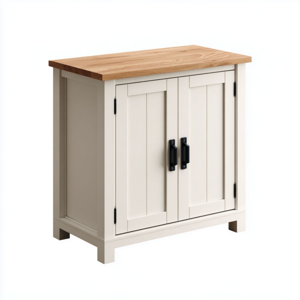 Buffet à deux portes beige clair avec plateau en bois brun clair et poignées métalliques noires