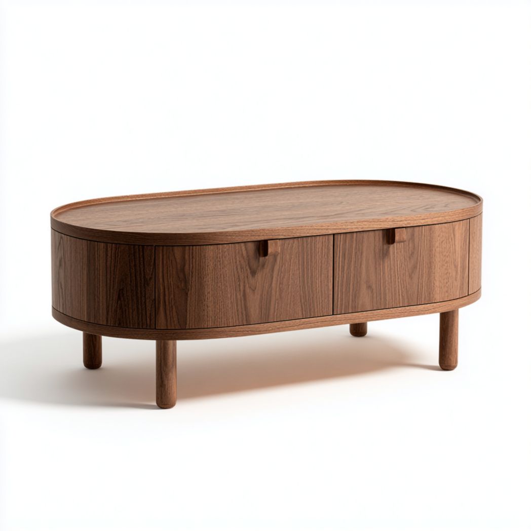 Table basse ovale brun foncé avec compartiment de rangement fermé