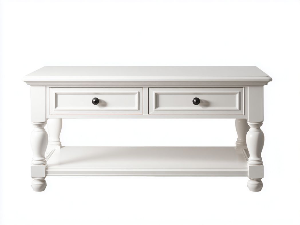 Table basse rectangulaire blanche avec deux tiroirs et étagère inférieure